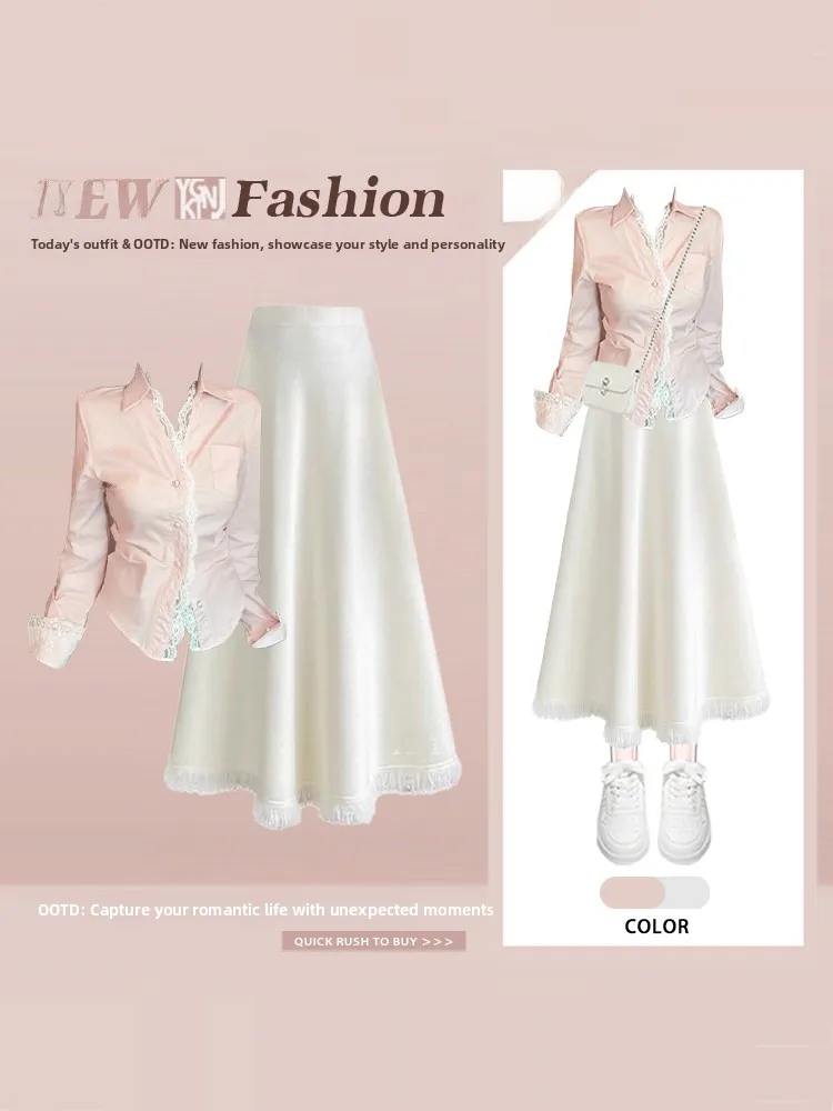 

Комплект из двух предметов: кружевная блузка с пэчворком и юбка миди с бахромой. Женская модная коллекция весна: юбка миди с высокой талией.