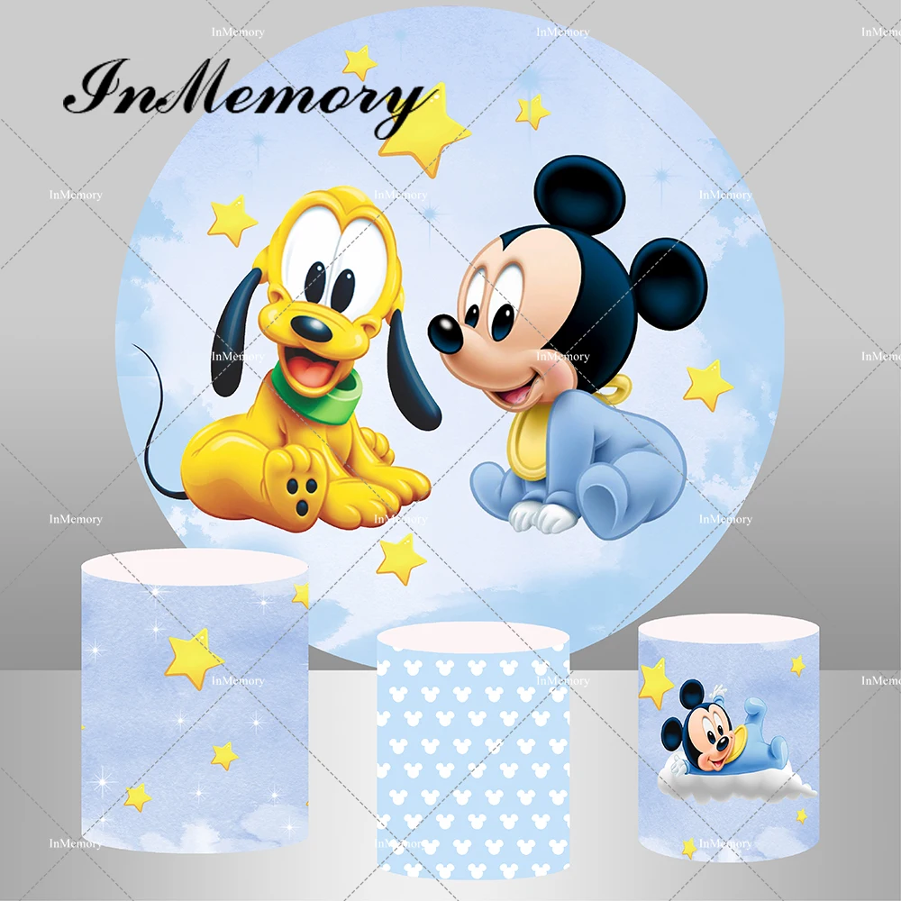 Baby Mickey Mouse Round Backdrop Cover for Boys Newborn Baby Shower 1st Birthday Party Light Blue Stars Clouds Cylinder Covers