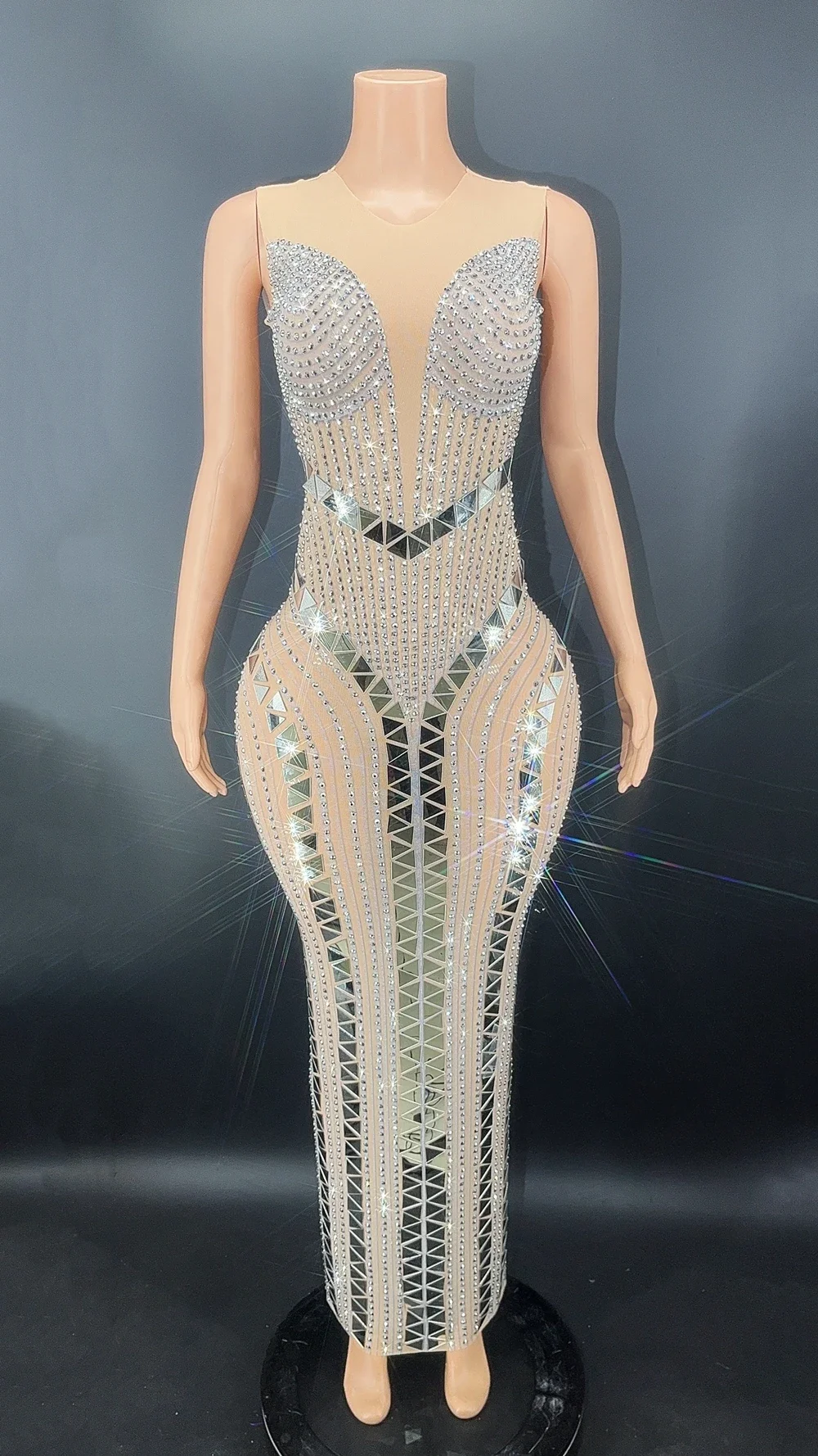 Malha sexy vê através do vestido sem mangas para mulheres, vestido brilhante com strass, vestido longo de palco para comemorar baile e aniversário, dourado e prateado