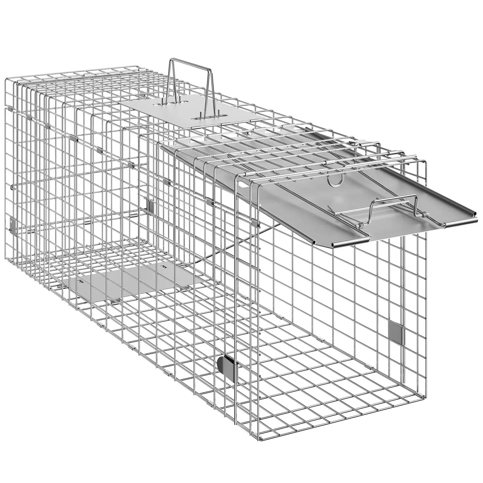 Live Animal Cage Trap, 31" x 10" x 12" Humane Cat Trap Galvanized Iron, Folding Animal Trap with Handle for Rabbits, Stray Cats, Squirrels, Raccoons, Groundhogs and Opossums view 2