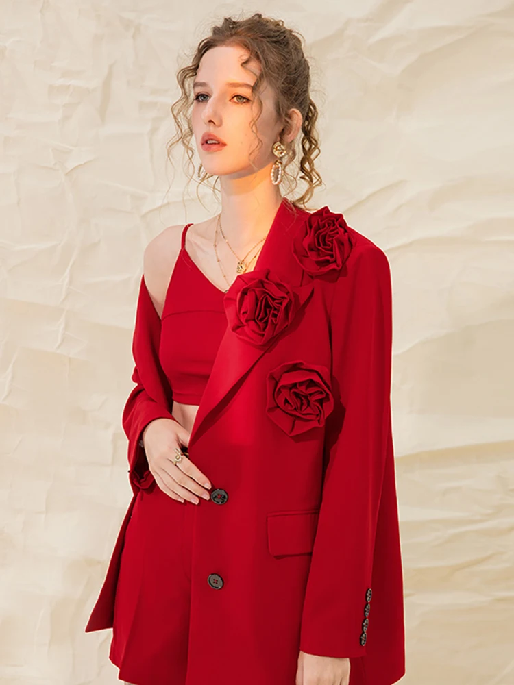 DEAT Women Solid Blazer Coat Lapel Flowers Three-dimensional Single Breasted Loose Spring 2024 New Elegant Lady Fashion 15KB424