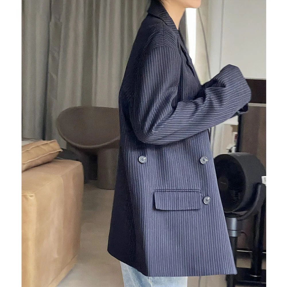 Vintage Striped Padded Lapel Blazer For Women 2023 Spring Fall Modern Wide Shoulder Single Breasted Suit Overcoat Casual Jacket