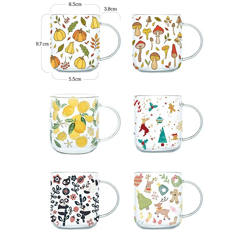 450ML Heat-Resistant with Handle Glass Breakfast Milk Cup Cute Office Home Coffee Mugs Lemon Mushroom Pumpkin Pattern Drinkware