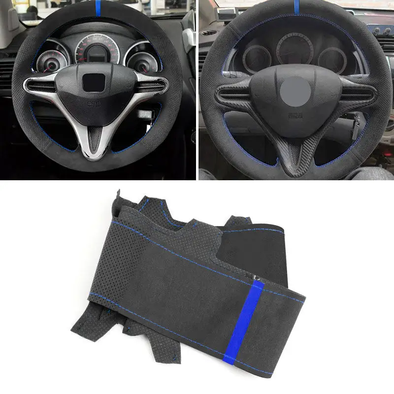 For Honda Fit Jazz City 2009-2013 Insight 2010 2011 2012 2013 2014 Suede Leather Car Steering Wheel Cover Trim Blue Line Strip