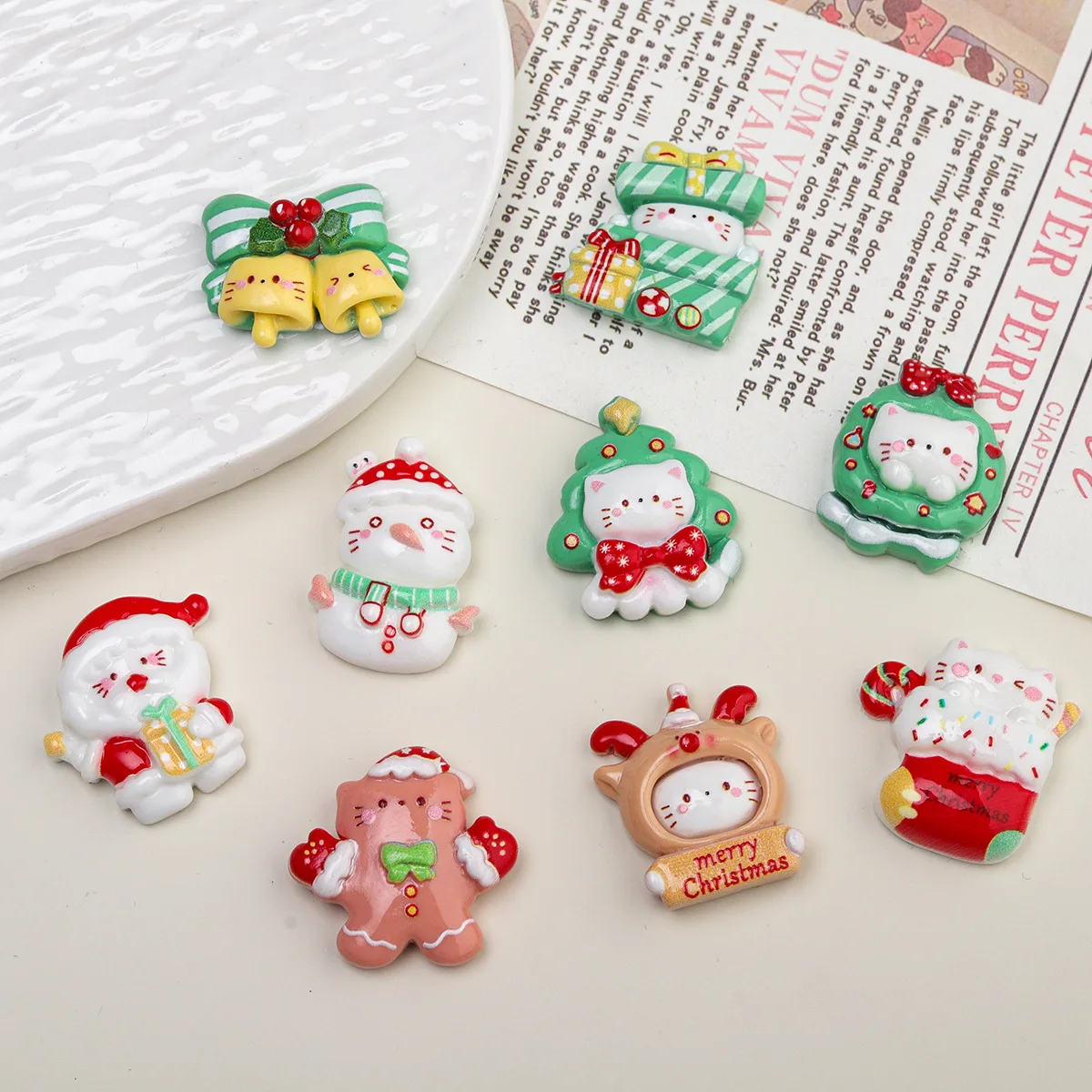 Kawaii Cartoon Cat Christmas Series Flatback Resin Crafts Fit Phone Deco Parts DIY Children Headwear Scrapbook Embellishment
