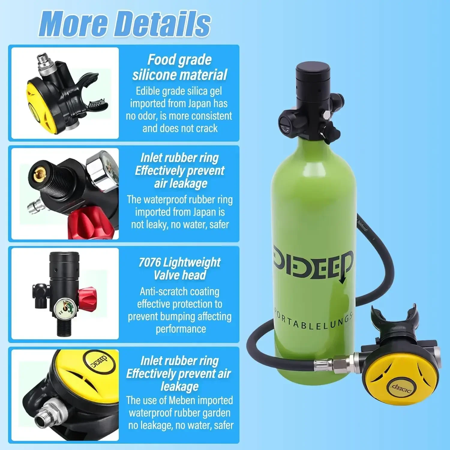Tabung Oksigen Mini Isi Ulang dengan Kapasitas 1L, Perlengkapan Menyelam Scuba hingga Kedalaman 30 kaki (Tabung Scuba + Tali Pengangkut)