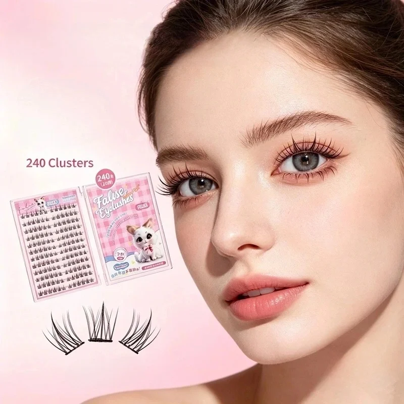 240 Clusters Self Adhesive Fishtail Lash Book, Pre-Glued Segmented Lashes, Fluffy Natural Wispy False Eyelashes 10-12mm
