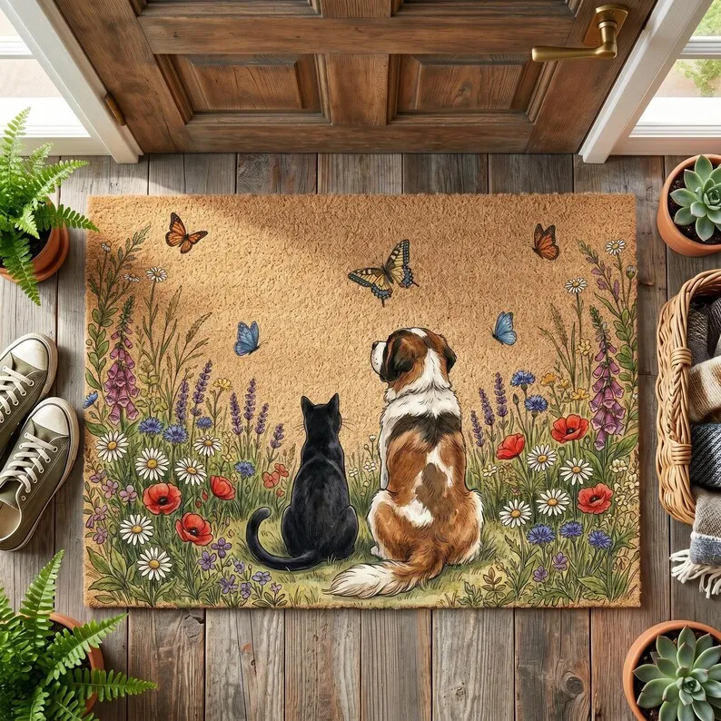 Personalized Doormat Coir Anti-slip Mat Dog Breed With Meadow Flower Doormat Floral Mat Pet Lover Customized Housewarming Gift