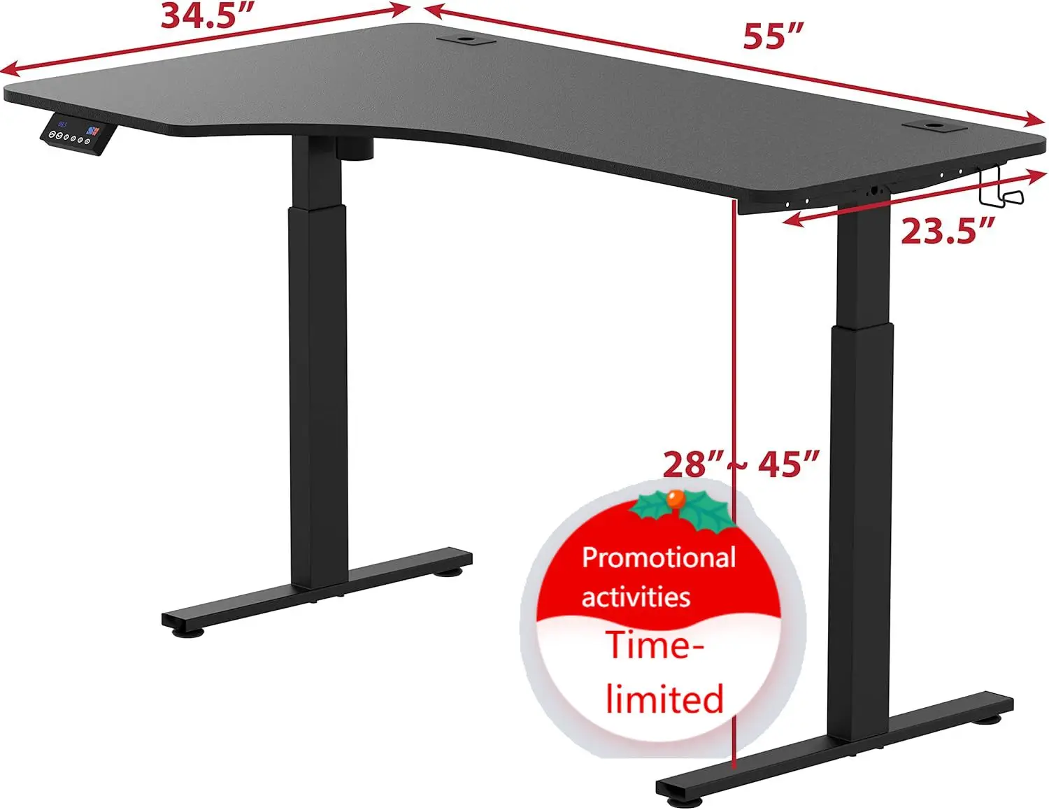 

55-дюймовый L-образный электрический регулируемый по высоте стол для работы стоя с углом, расположенным влево, черный
