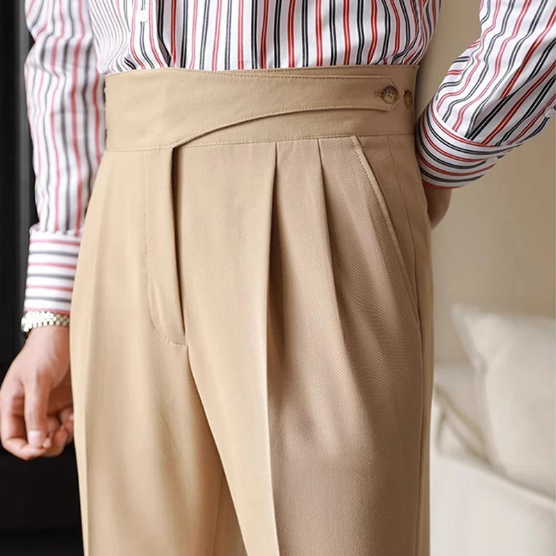 

England Style Naples Suit Pants For Men Mid High Waist Paris Buckle Straight Trousers Spring Autumn Fashion Business Casual Pant
