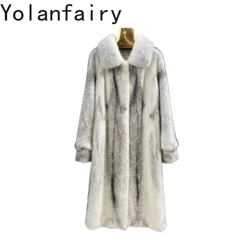 YOLANFAIRY Ekskluzywne płaszcze z naturalnego futra norek dla kobiet, zimowe płaszcze z naturalnego futra, damskie płaszcze z długim futrem z kwadratowym kołnierzem, Abrigos