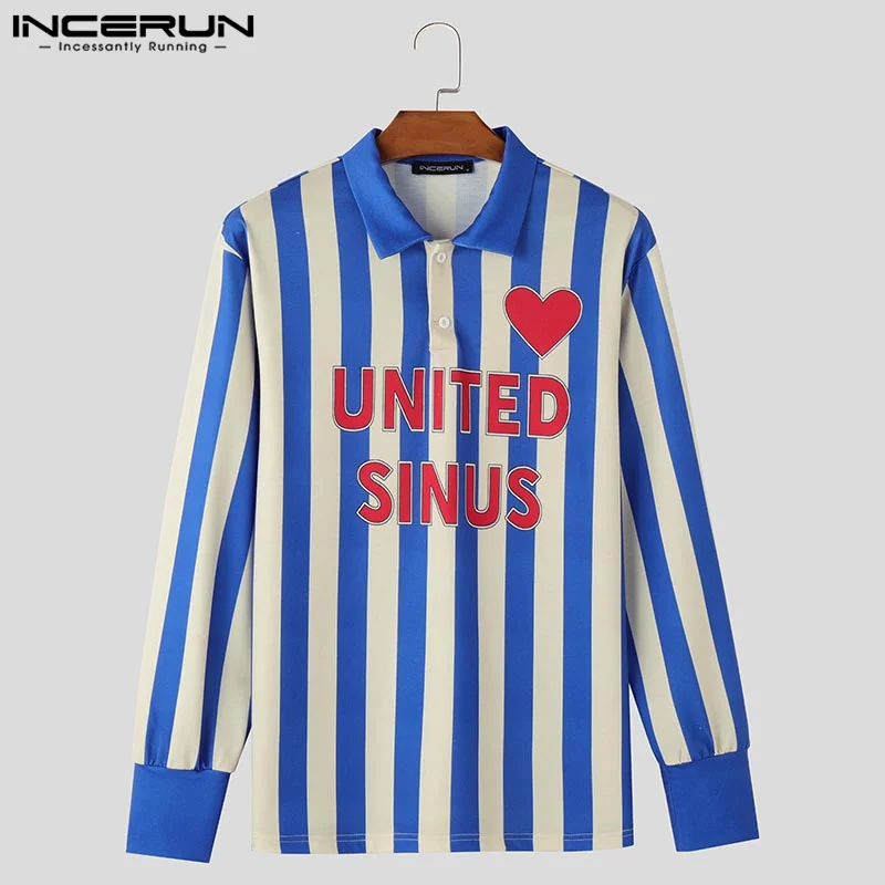 INCERUN 2024 Men Casual Long Sleeve Shirts Printing Sport Style Lapel Tops Stripes Splicing Loose Commuting Colorblock Blouses