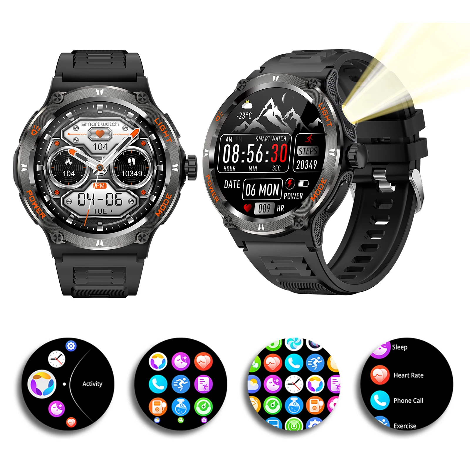 

Водонепроницаемые умные часы с LED-фонариком, спортивные смарт-часы для активного отдыха, монитор сердечного ритма/сна, фитнес-трекер для мужчин и женщин