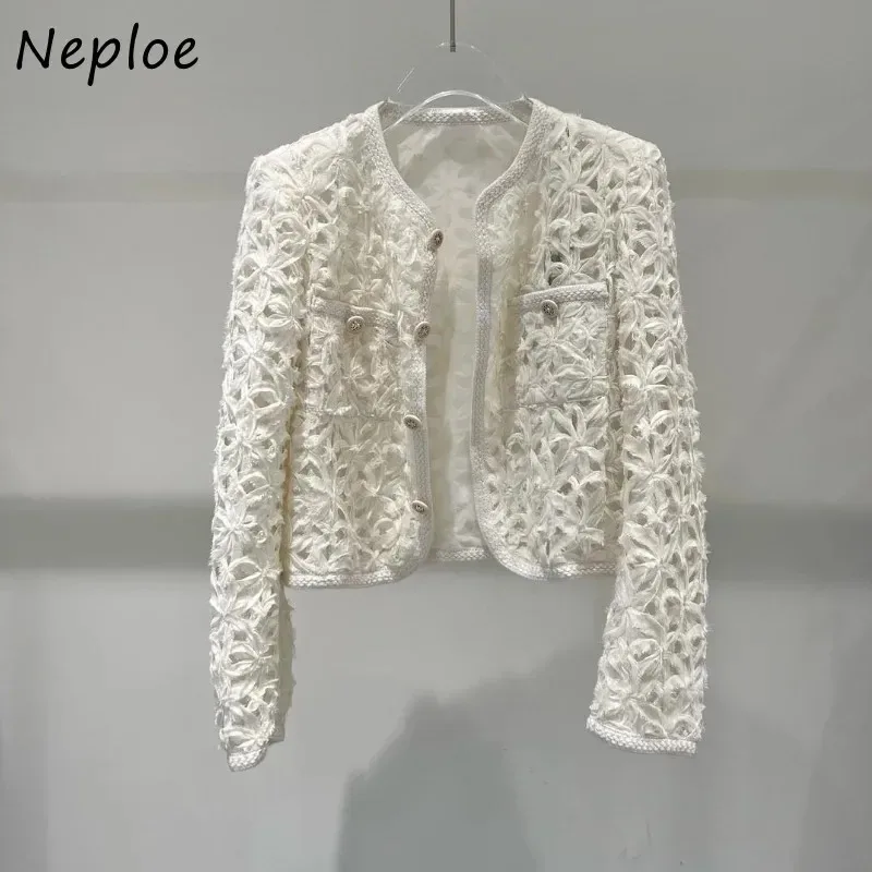 Neploe Elegant O-คอลูกไม้บางสั้นเสื้อผู้หญิงฤดูใบไม้ผลิเสื้อสเวตเตอร์ถักใหม่ Hollow Out แจ็คเก็ต Y2k แขนยาวเสื้อสีขาว Mujer