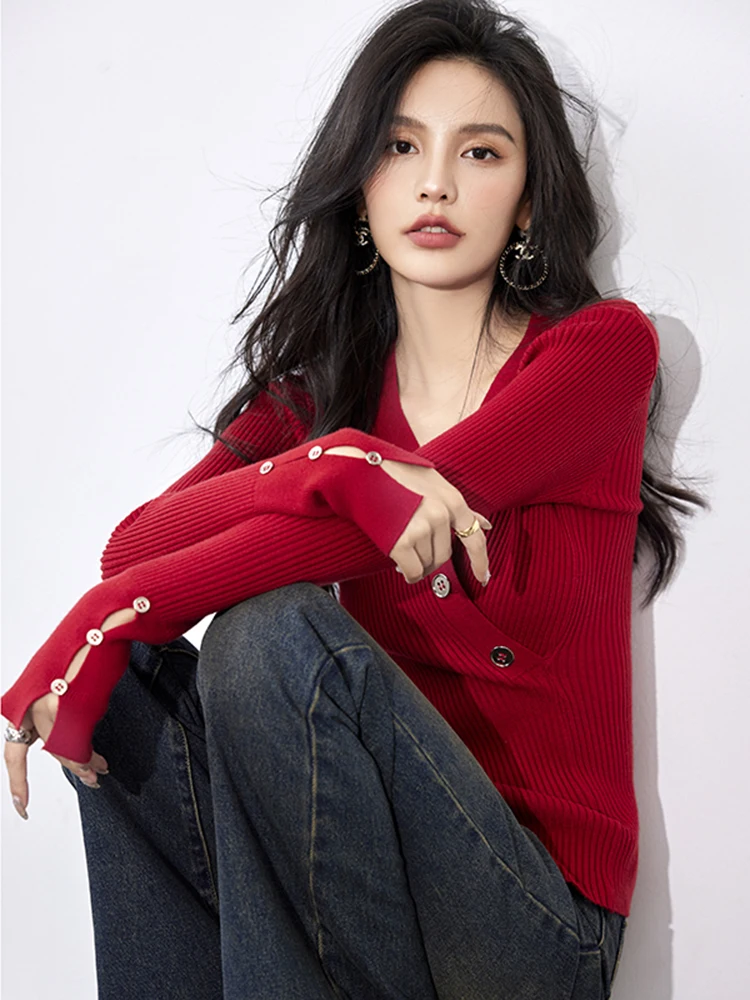 Autumn Knitted Top For Women Casual Solid Color V-Neck Tight Elastic Long Sleeve Pullover Fashion Sexy Cross Lady Sweater