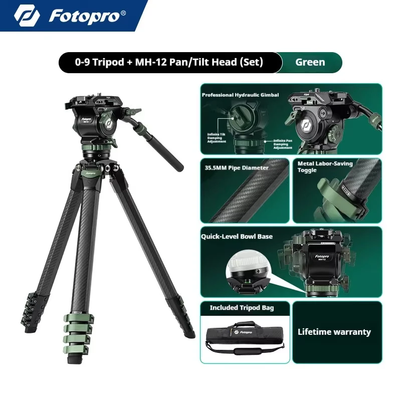 

Fotopro Origin O9 High-End Carbon Fiber Tripod Kit with MH-12 Hydraulic Fluid Head, Compatible with Large Format Cameras
