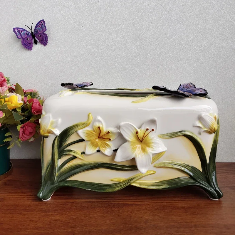 European pastoral style ceramic butterfly tissue box living room luxury rectangular paper box room desktop tissue boxes