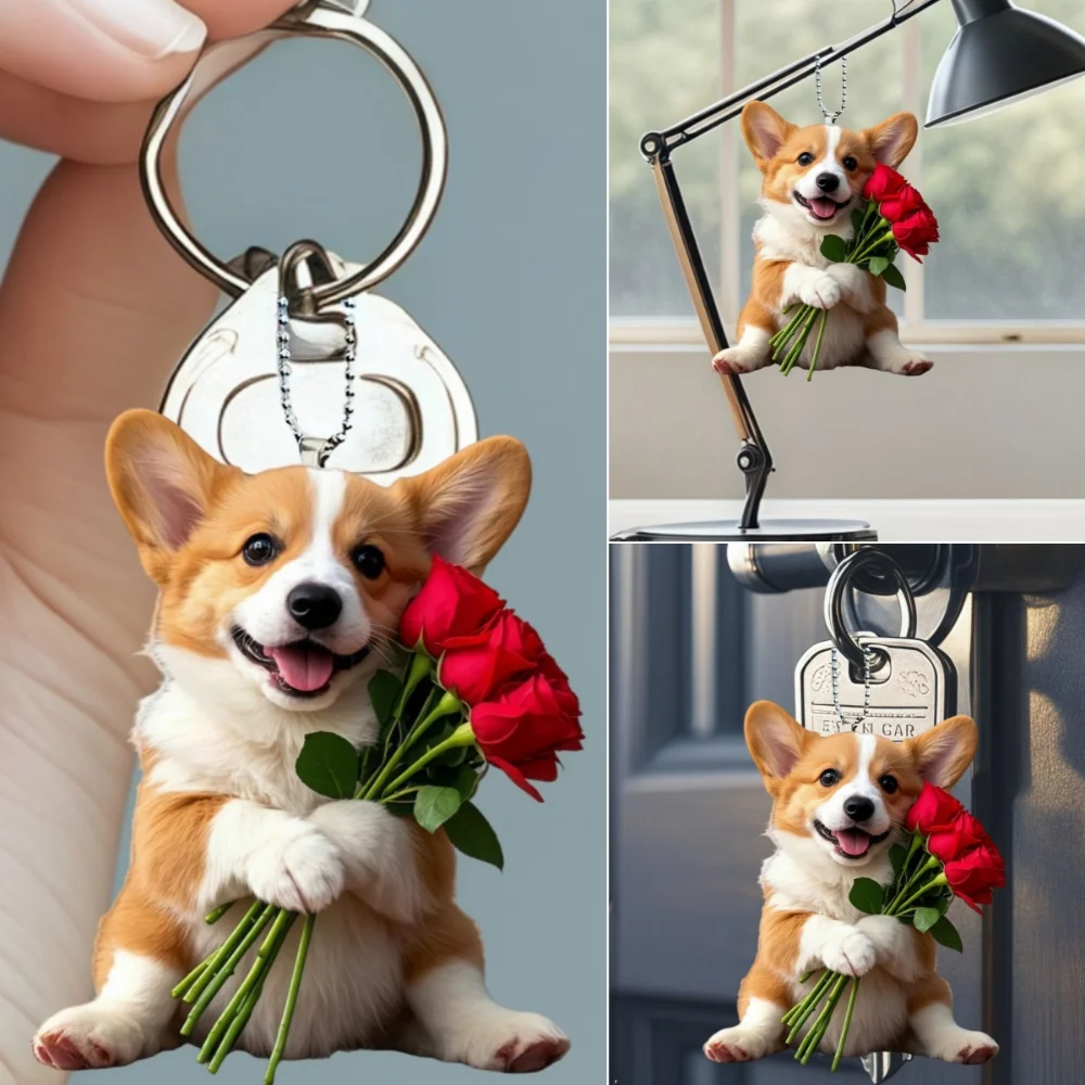 Cute Corgi & Rose Pendant Keychain,Chic Puppy 2D Flat Acrylic Hanging Charm,Decor for Car,Bag,Party,Festive-Valentine\'s Day Gift
