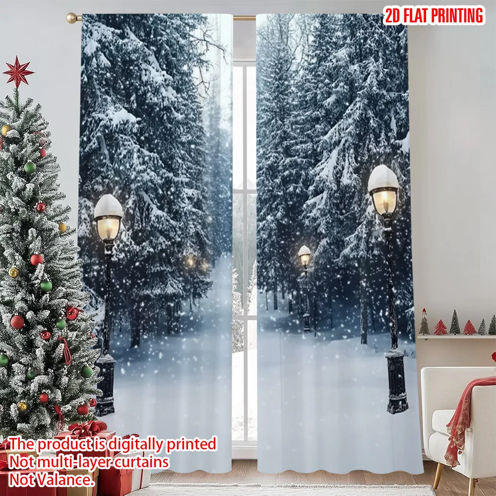 

2pcs 2D flat printing Christmas Curtain Winter Snow Polyester Without Electricity Holiday Decorations Perfect for room decor