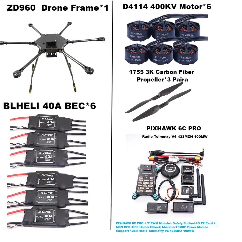 ZD960 PIXHAWK 6C PRO M8N Full Carbon Fiber  Hexa-Rotor Frame BLHELI 40A ESC Flight Comtrol Rado Telemetry Set