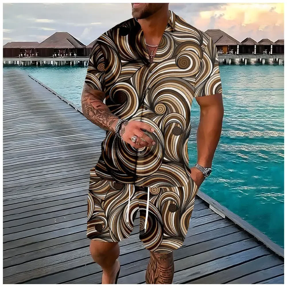 Summer Fashion Swirl 3D Print Men Shirt Sets Short Sleeve Shirt Oversized Casual Beach Shorts Streetwear Hawaiian Suits Clothes