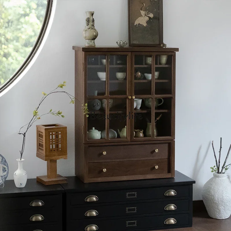 yj21  Solid Wood Tabletop Storage Cabinet for Tableware and Tea Sets, Black Walnut Wood Coffee Storage Countertop