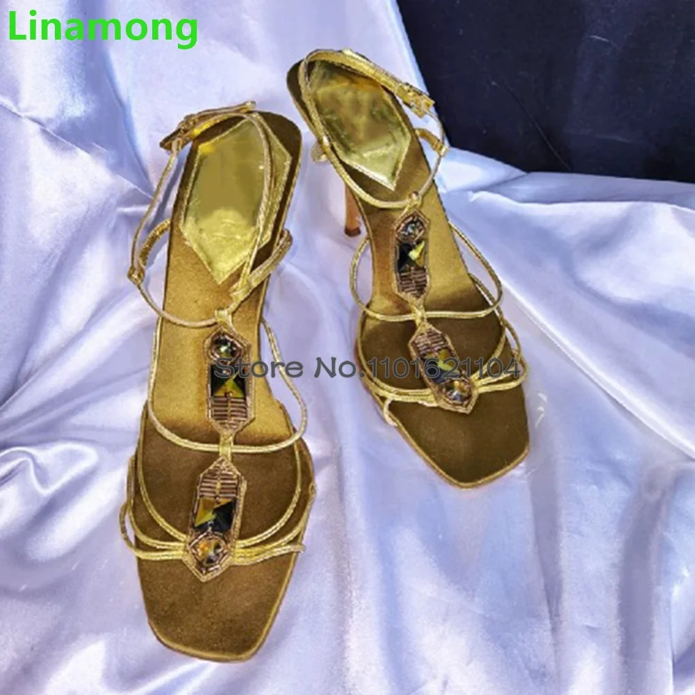 

Gold Square Toe Ankle Buckle Strap Sandals For Women 2024 New Thin High Heel Sexy Shallow Fashion Elegant Summer Party Shoes