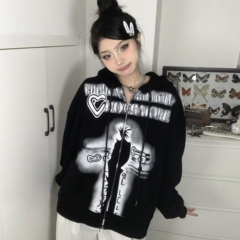 Jaket Hoodie Wanita Korea, Hoodie ritsleting cetakan Harajuku kasual kebesaran longgar Y2K musim gugur