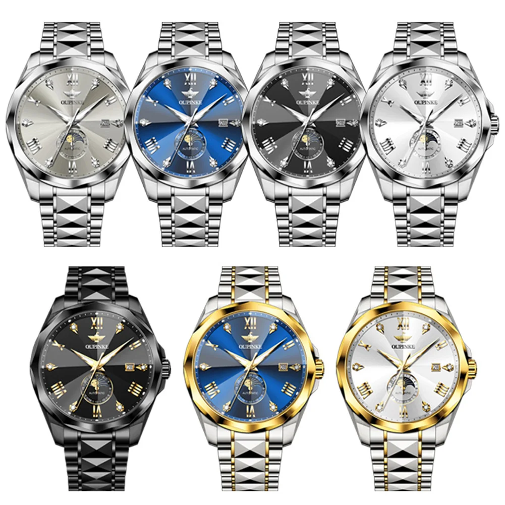 OUPINKE 3312 Mens Watch Luxury High Quality Automatic Mechanical Watch Tungsten Steel 50M Waterproof Moon Phase Watches For Man