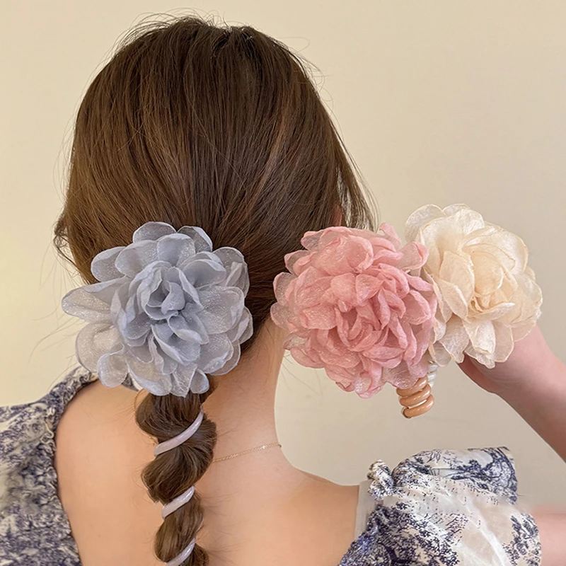 

New Flower Telephone Wire Hair Bands for Girls Elastic Spiral Floral Hair Ties Korea Fairy Bubble Braided Tools Hair Accessories