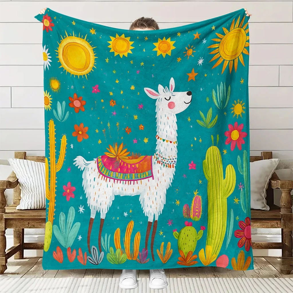 1pc Desert Camel and Cactus Themed Flannel Blanket | High-Definition Digital Print, Soft and Breathable, All-Season Use, Ideal