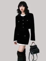 French Elegant Two Piece Velvet Skitr Set Women Autumn Winter long Sleeve Single Breasted Short Coat+A-line Mini Skirt Outfit