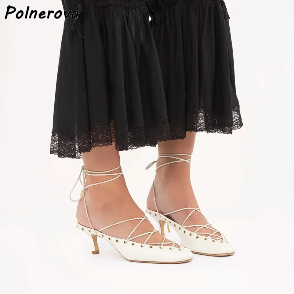 

Cross Tied Leather Shallow Pumps Ankle Band Lace Up Slingback Solid Round Toe Kitten Heels Shoes Summer Concise Official Shoes