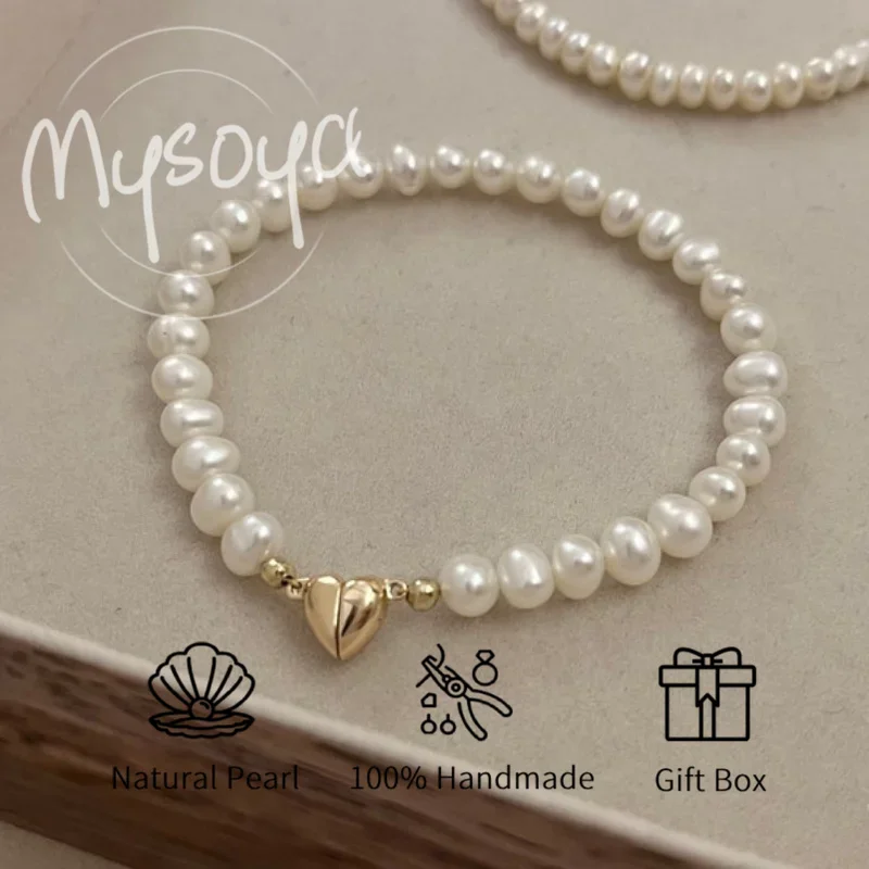 

MYSOYA 5-6mm Natural White Freshwater Pearl Bracelet For Women And Men With Gift Box Birthday Wedding Christmas Jewelry Gift
