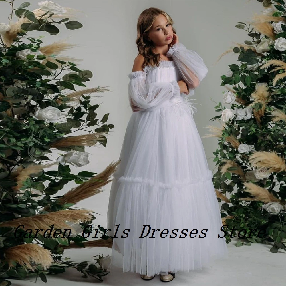 Ivory Off Shoulder Flower Girls Dresses with Soft Tulle Floor Length 2024 Summer 2025 Christmas Dresses for Princess فستان عيد ا