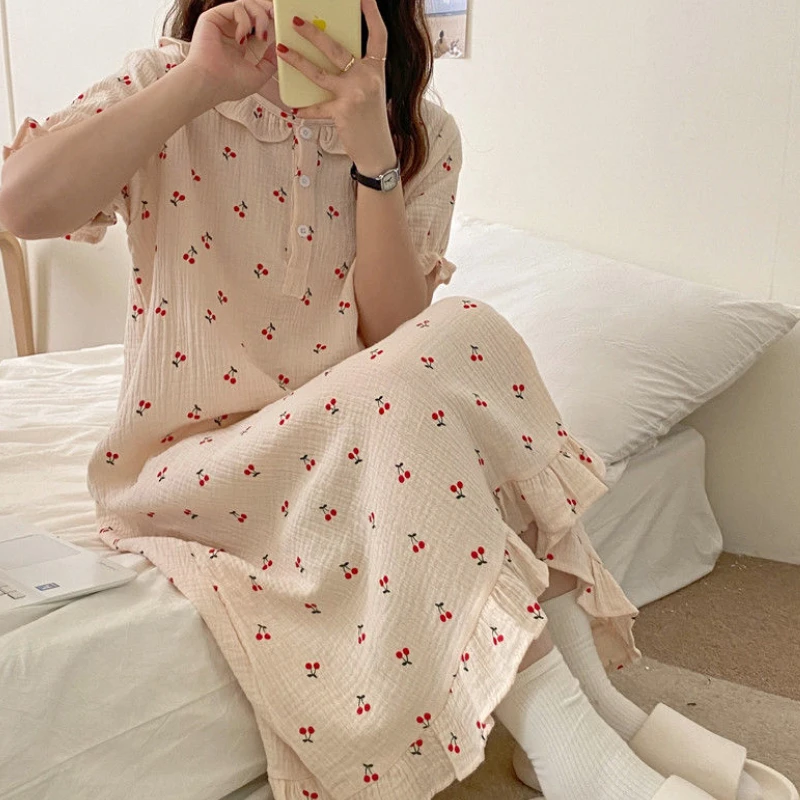 

Print Midi Nightgowns Women 4 Colors Ruffles Loose Sleepwear Lovely Summer Home Schoolgirls Elegant Korean Style All-match New