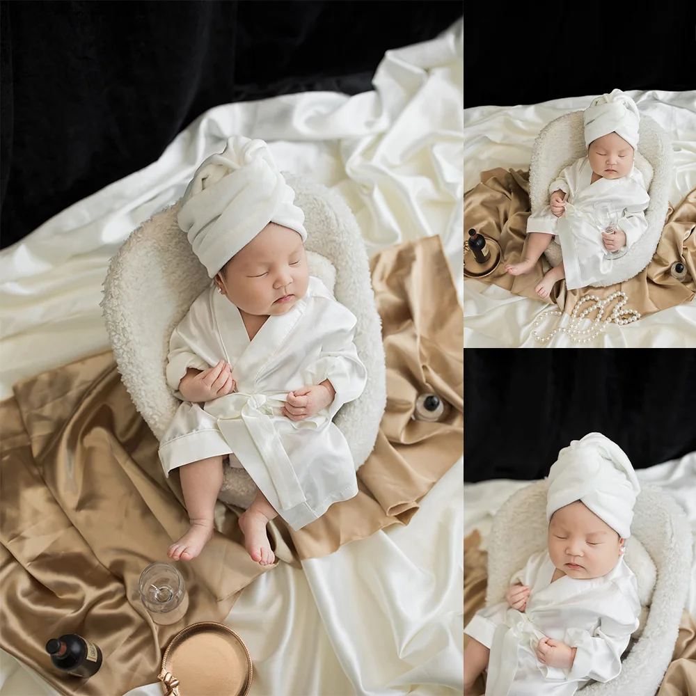 

Newborn Spa Style Photography Props Baby White Bathrobe+Shower Cap Pearl Props Photo Studio 1st Month Baby Girl Shoot Accessory