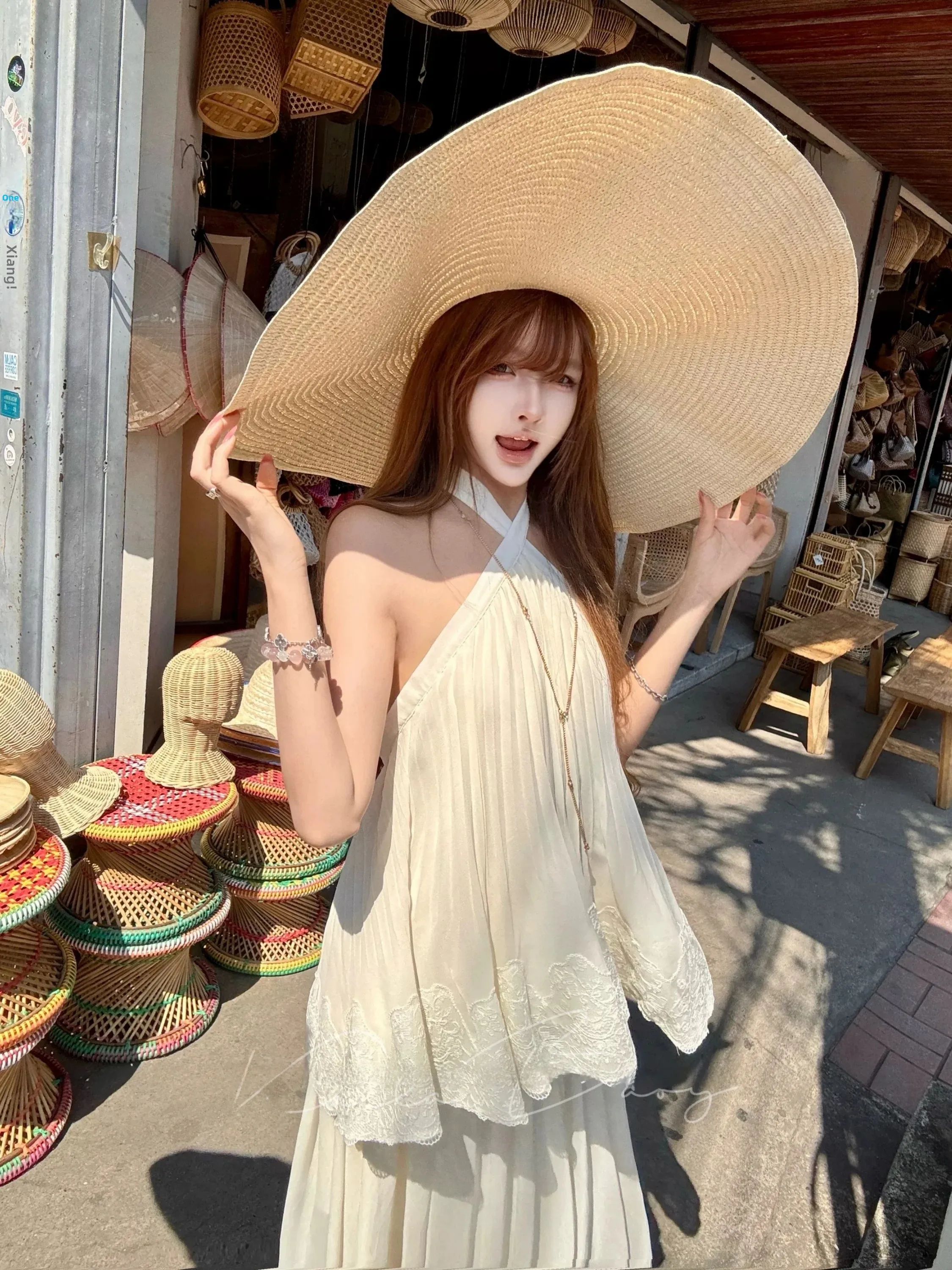 

Elegant Sexy Vacation Style Off-Shoulder Dress Embroidered Shiny Pleated Midi Skirt Loose Fit Umbrella Dress in Beige Color