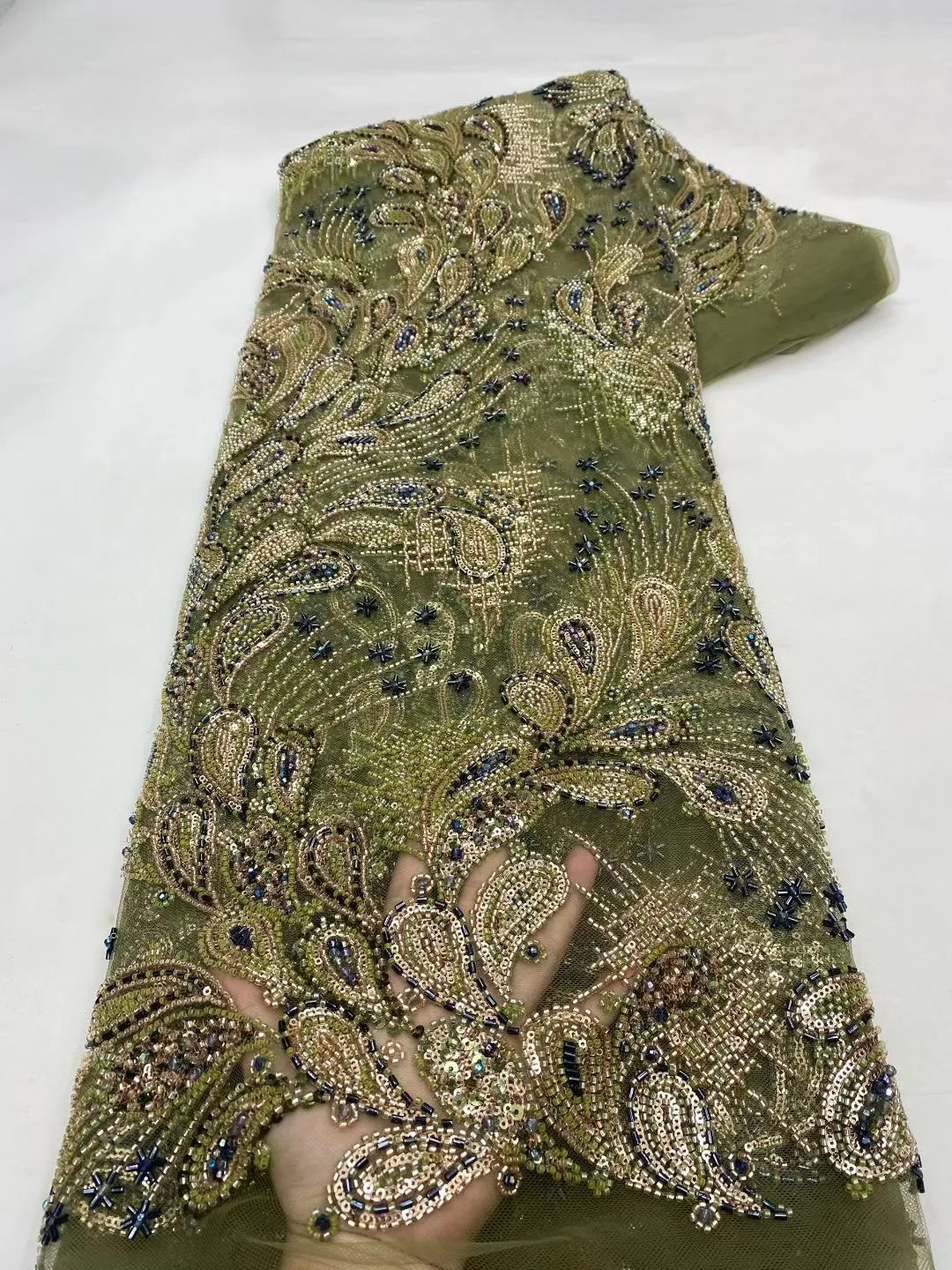 High-end Heavy Beads Fabric, Latest African Luxury Sequins Groom Embroidery Fabrics, French Tulle Lace for Sewing Wedding