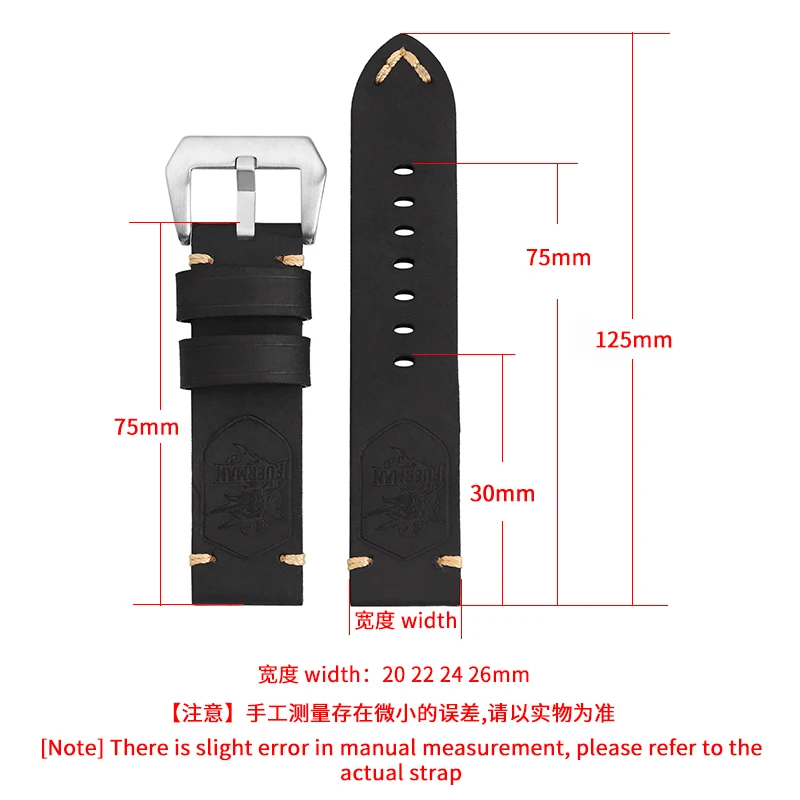 Handmade Top Layer Cowhide Watchband 20 22 24 26mm Black Brown Male Leather Thickening Strap for Panerai Series Retro Style