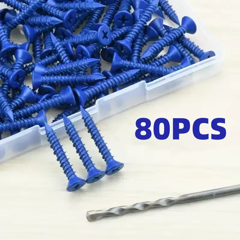 

80pcs Blue Concrete Screws 3/16x1-1/4" Flat Head Drilling Anchors with Bit for Drywall/Plasterboard