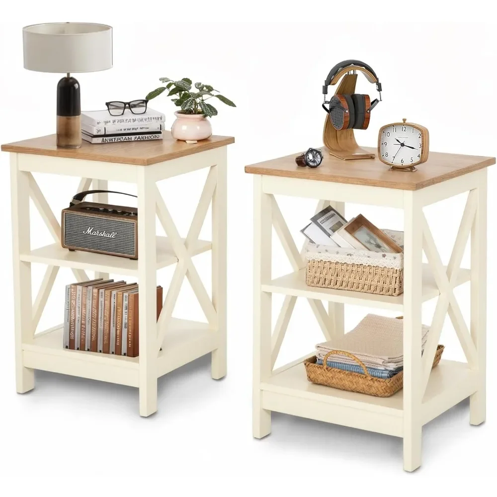 

Farmhouse End Table, Bedside Table 3-Tier Storage Shelf for Small Spaces, Nightstands Set for Living Room, Bed Room