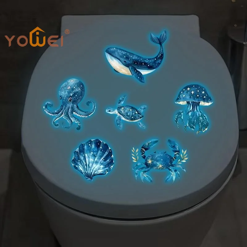 Latest Marine Life Luminescent Glass Stickers Glow-in-the-Dark Toilet Sticker Self-Adhesive Removable Wall Sticker Car Sticker