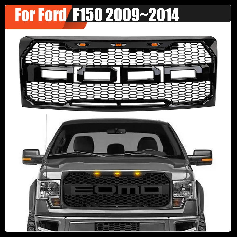 

For Ford F150 2009~2014 Pickup Auto Parts Custom Bright Black Front Car Mesh Grille Trim Replacement Grill Raptor Style With Led