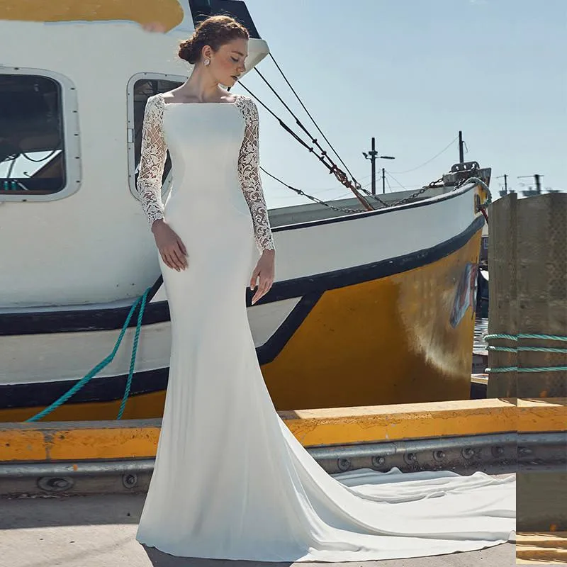 Manga longa renda sereia vestidos de noiva robe das mulheres elegante muçulmano alta pescoço cetim applique praia festa de casamento baile de formatura