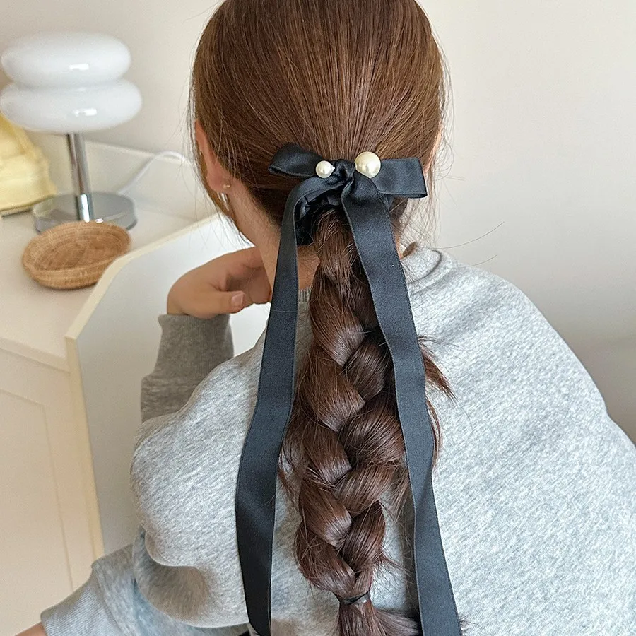 

Black Bow Long Ribbon Scrunchie Elegant Ponytail Holder for Women Back Head Daily Party