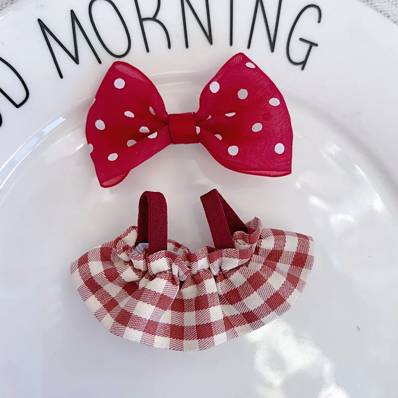 

Clothes For 10cm Mini LABUBU New 4.0 Gen Doll Outfits Sweet Plaid Princess Skirt With Polka Dot Bow Hair Accessory Set