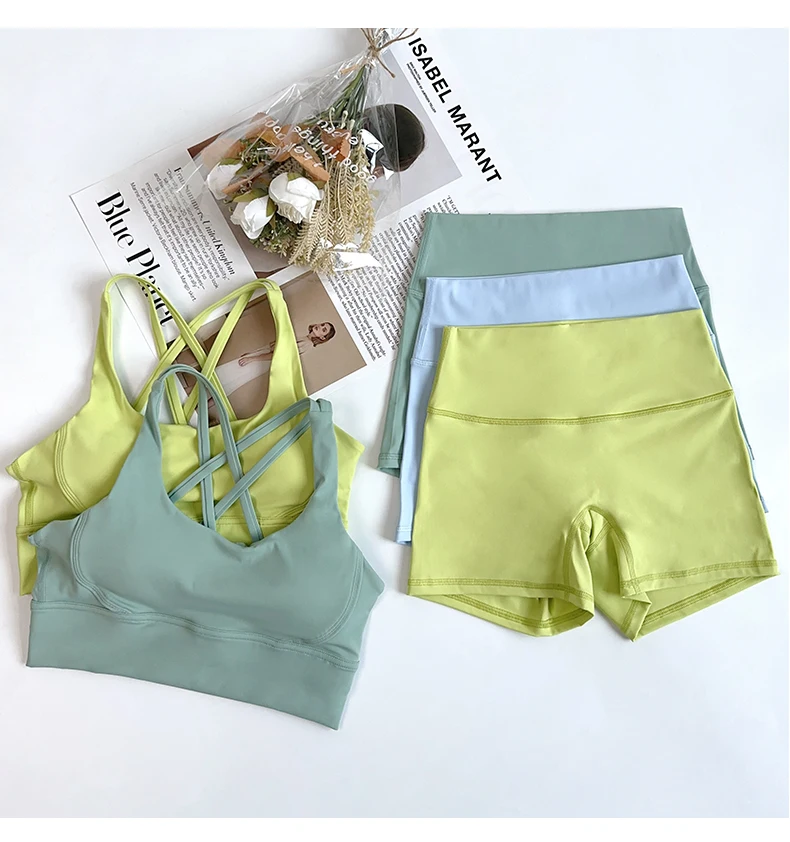 2026 Sommer 2-teiliges Damen-Yoga-Shorts-Set, hochintensives Yoga-Top mit gekreuztem Rücken, hochtaillierte, hüfthebende Yoga-Shorts, Yoga-Sportbekleidung – Detail 9