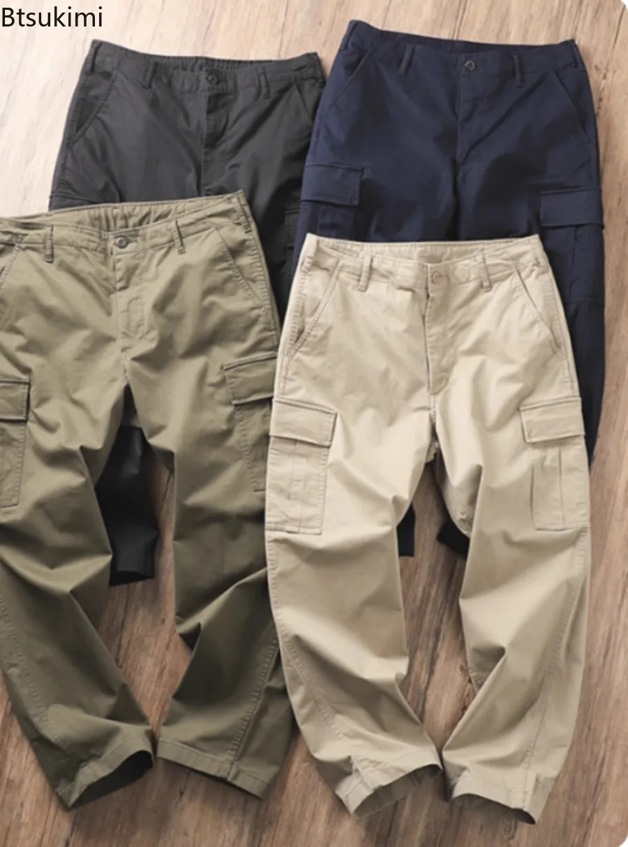 Casual Washed Cotton Elasticity Loose Cargo Pants Multi Pockets Straight Men Pants Solid Leisure Spring Trousers for Daily Wear