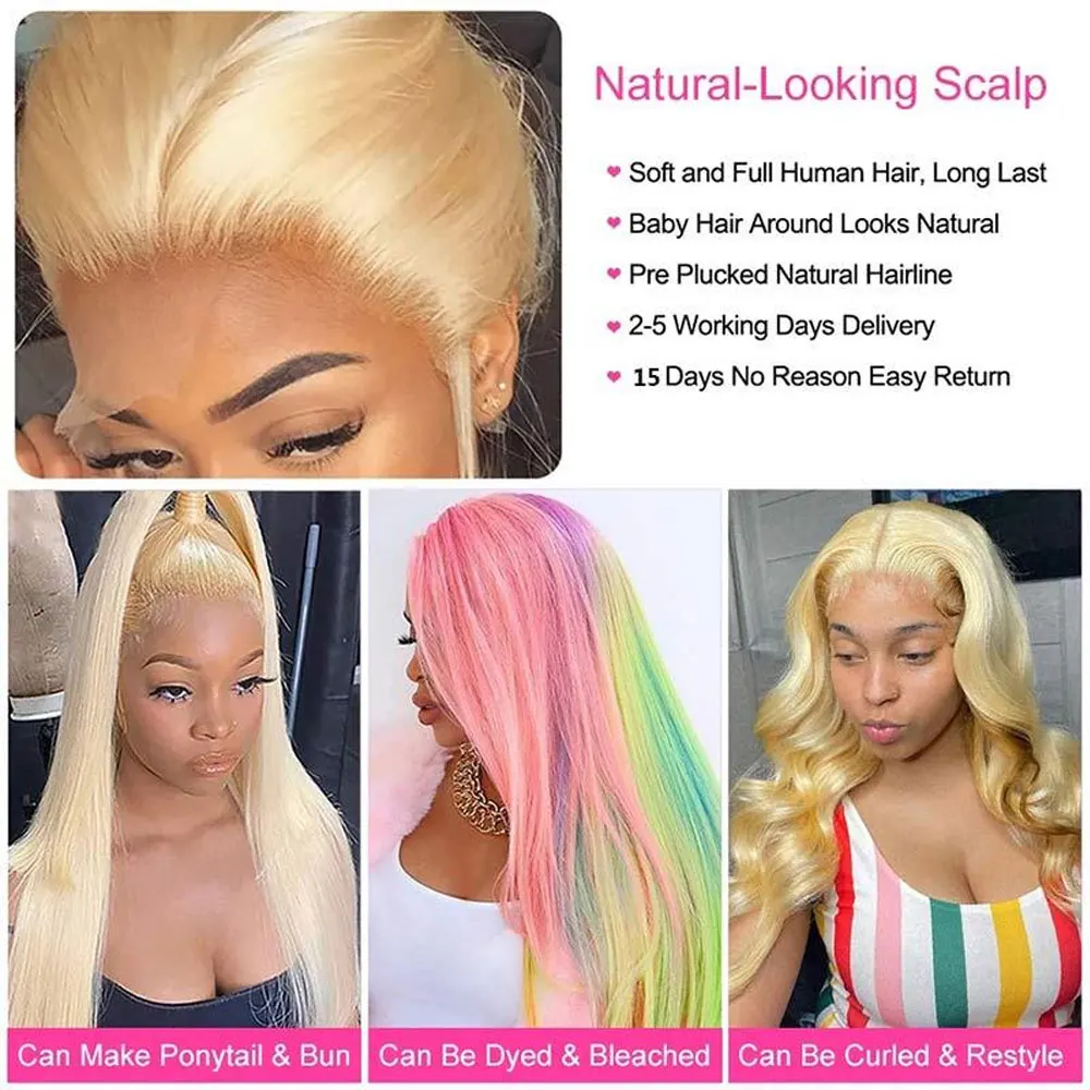 34Inch #613 Lace Front Wig Human Hair 13x6 HD Transparent Lace 200% Straight Brazilian Blonde Wig Pre-Plucked With Baby Hair